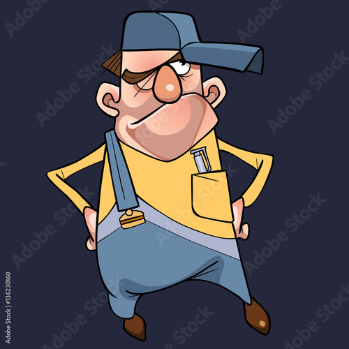 cartoon puzzled man in cap and overalls