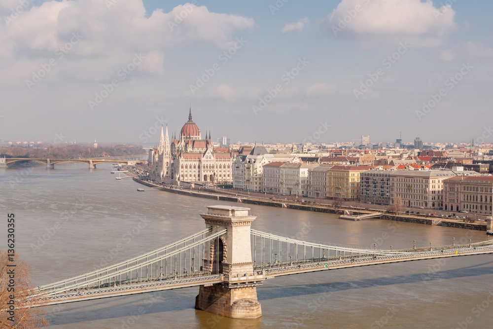 Panoramic overview of Budapest on foreground the Parliament building and chain bridge