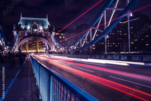 Tower Bridge traffic light trails in London at night