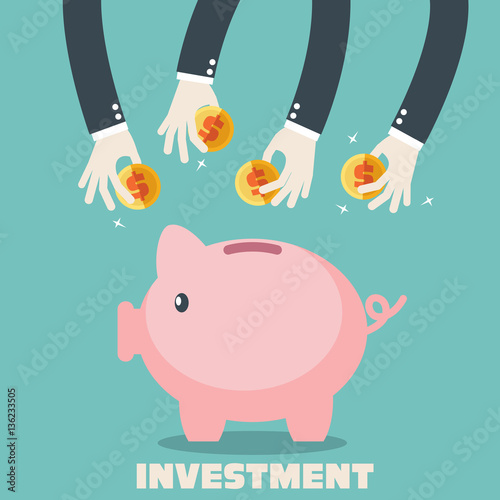 Many hands putting coin into a piggy bank. Saving and investing money concept