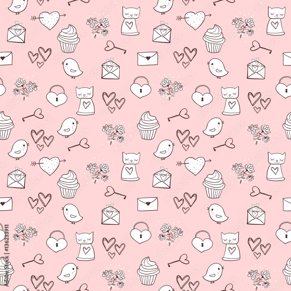 Cute seamless pattern with hand drawn elements for fabric, backgrounds,  scrapbook paper Stock Vector
