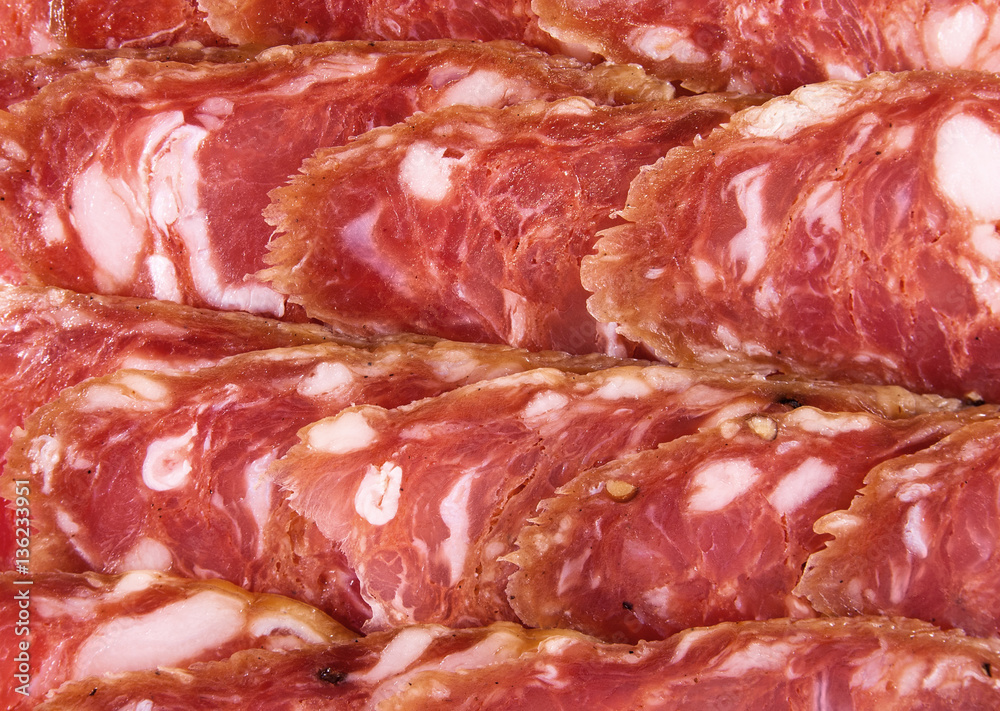 Smoked sausage made from horsemeat. Top view Smoked sausage made from horsemeat. Top view