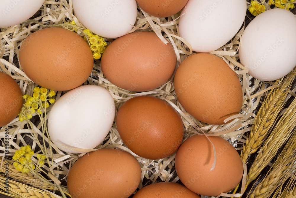 Chicken eggs, wheat, yellow flowers in straw Chicken eggs, wheat, yellow flowers in straw
