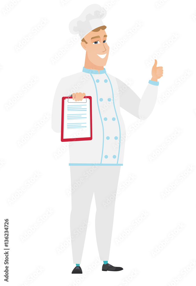 Chef cook with clipboard giving thumb up. Chef cook with clipboard giving thumb up.
