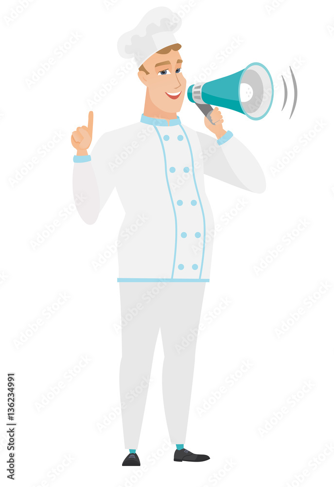 Young caucasian chef cook making announcement. Young caucasian chef cook making announcement.