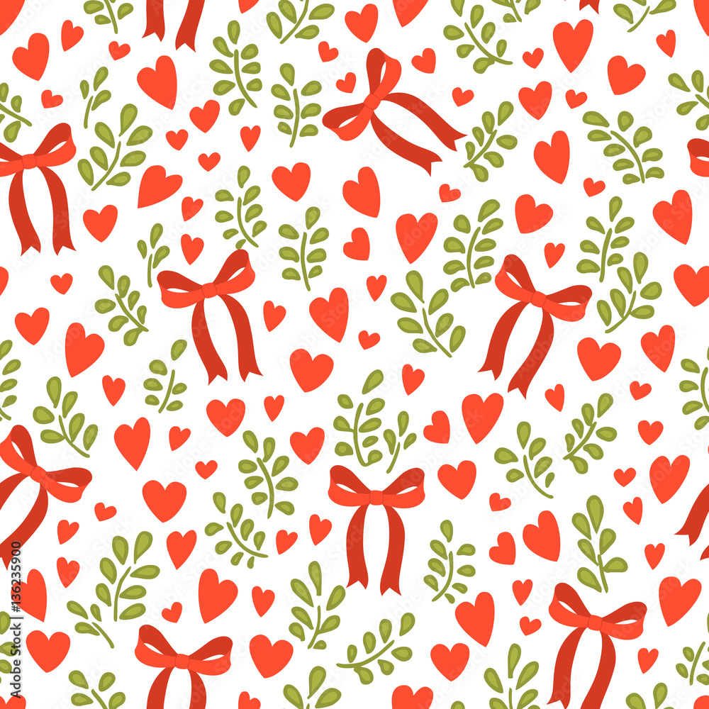 Seamless vector pattern with cute red bows, small hearts and branch