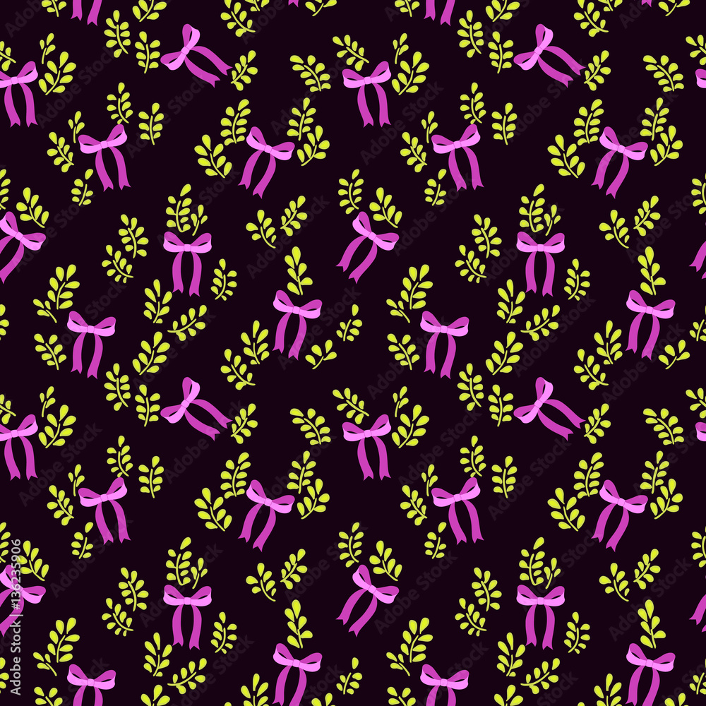 Seamless vector pattern with cute pink bows and branch