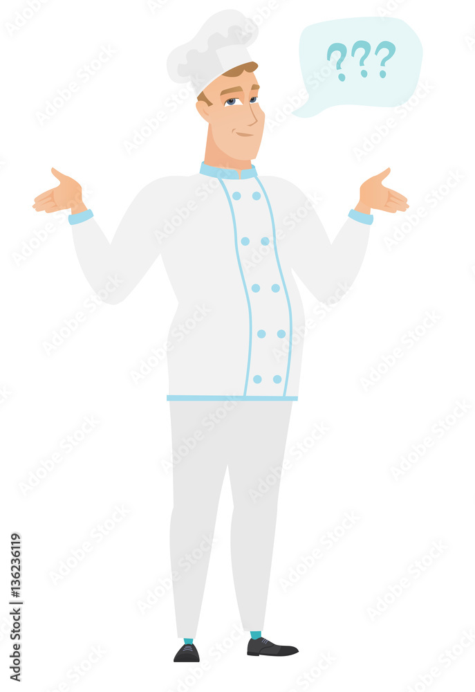 Caucasian confused chef cook with spread arms. Caucasian confused chef cook with spread arms.