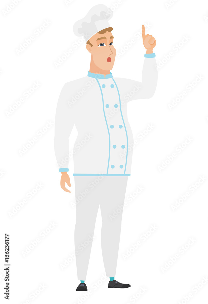 Chef cook with open mouth pointing finger up. Chef cook with open mouth pointing finger up.