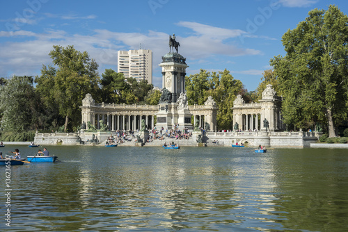 Monument to King Alfonso XII and pond, in Retiro Park, Madrid, Spain, on September 13, 2015.