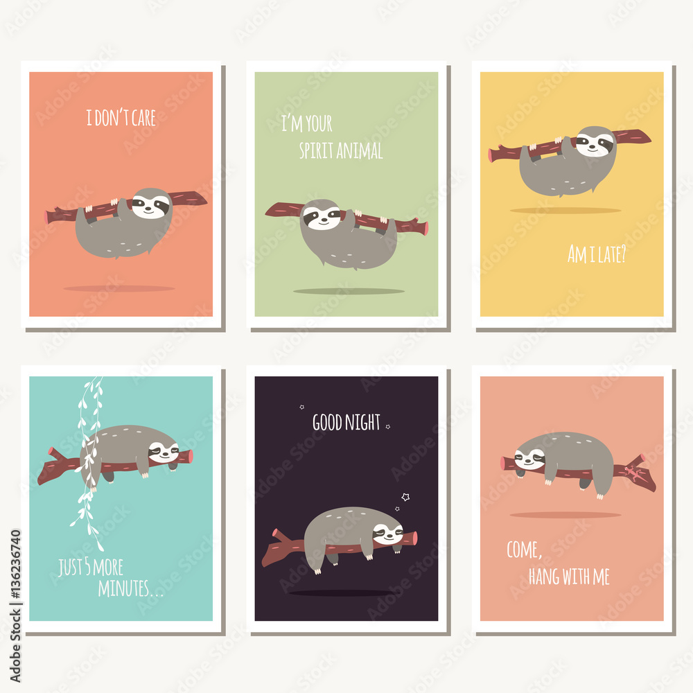 Collection of six greeting cards with cute sloth and text message