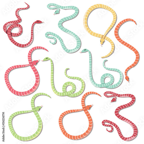 Collection of ten colorful striped snakes hand drawn