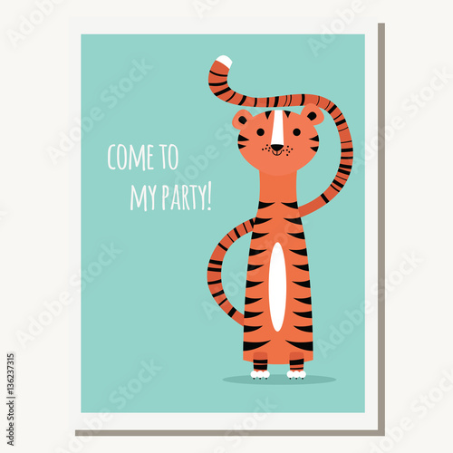 Fototapeta Naklejka Na Ścianę i Meble -  Greeting card with cute tiger and text message
