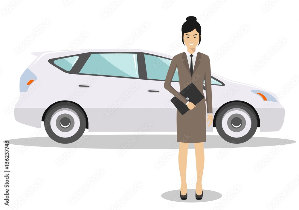 Asian businesswoman standing near the blue car on white background in flat style. Business concept. Detailed illustration of automobile and woman. Flat design people character. Vector illustration. Asian businesswoman standing near the blue car on white background in flat style. Business concept. Detailed illustration of automobile and woman. Flat design people character. Vector illustration.