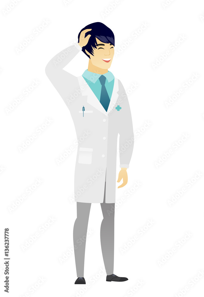 Young asian doctor in medical gown laughing.