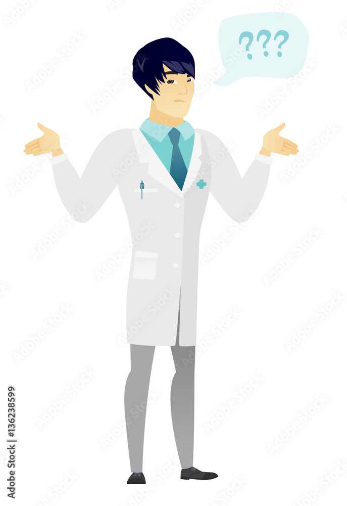 Asian confused doctor with spread arms.