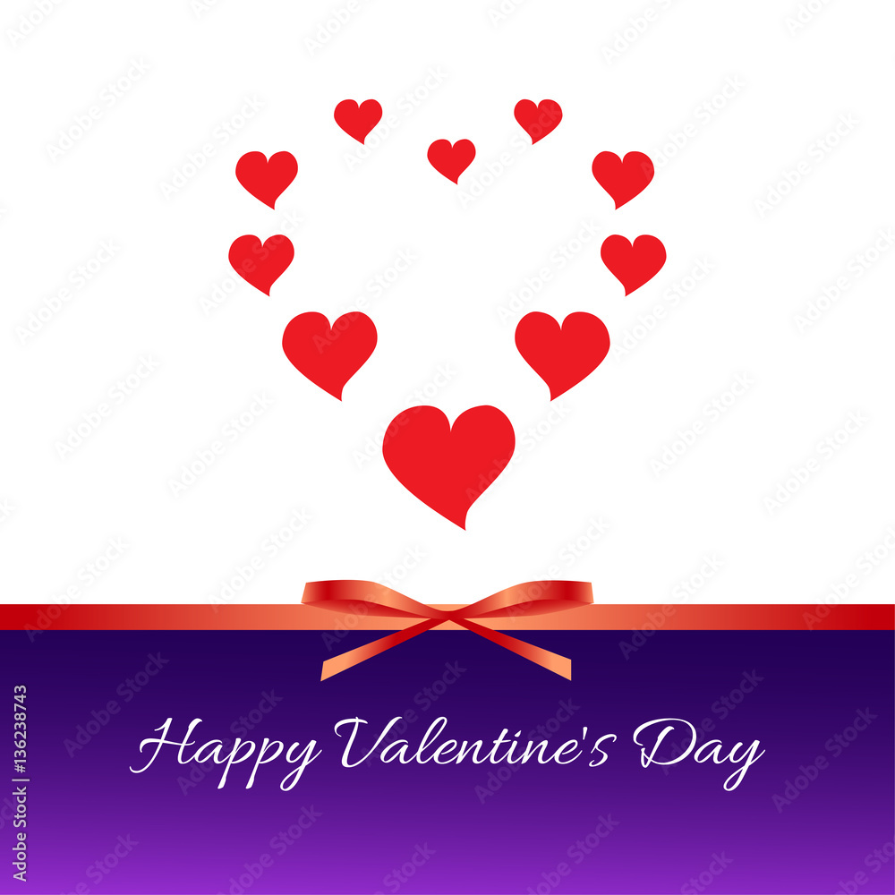Happy Valentine's Day. Red hearts, red bow, ribbon