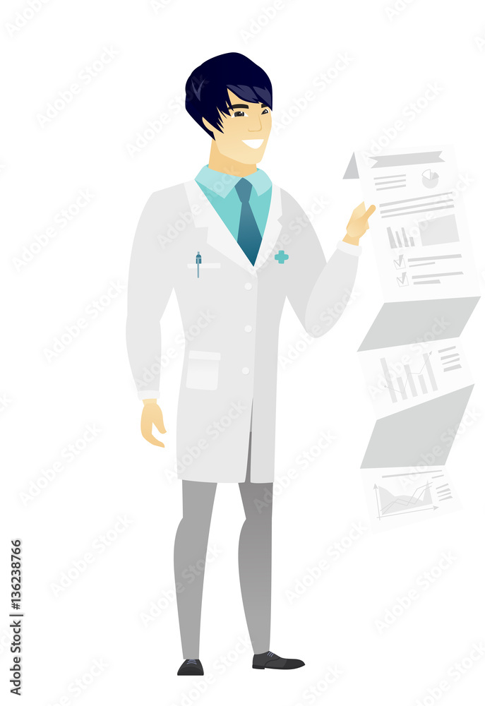 Doctor in medical gown giving presentation.