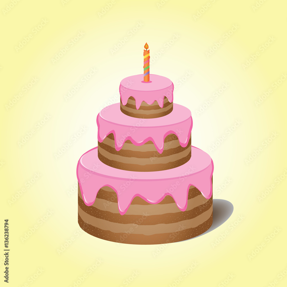 Cake with pink cream with candle on yellow background Cake with pink cream with candle on yellow background