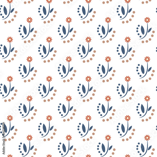 Seamless vector blue flowers with dots and leaves pattern on white background. Endless texture for documents, textile, wrap or wallpaper.