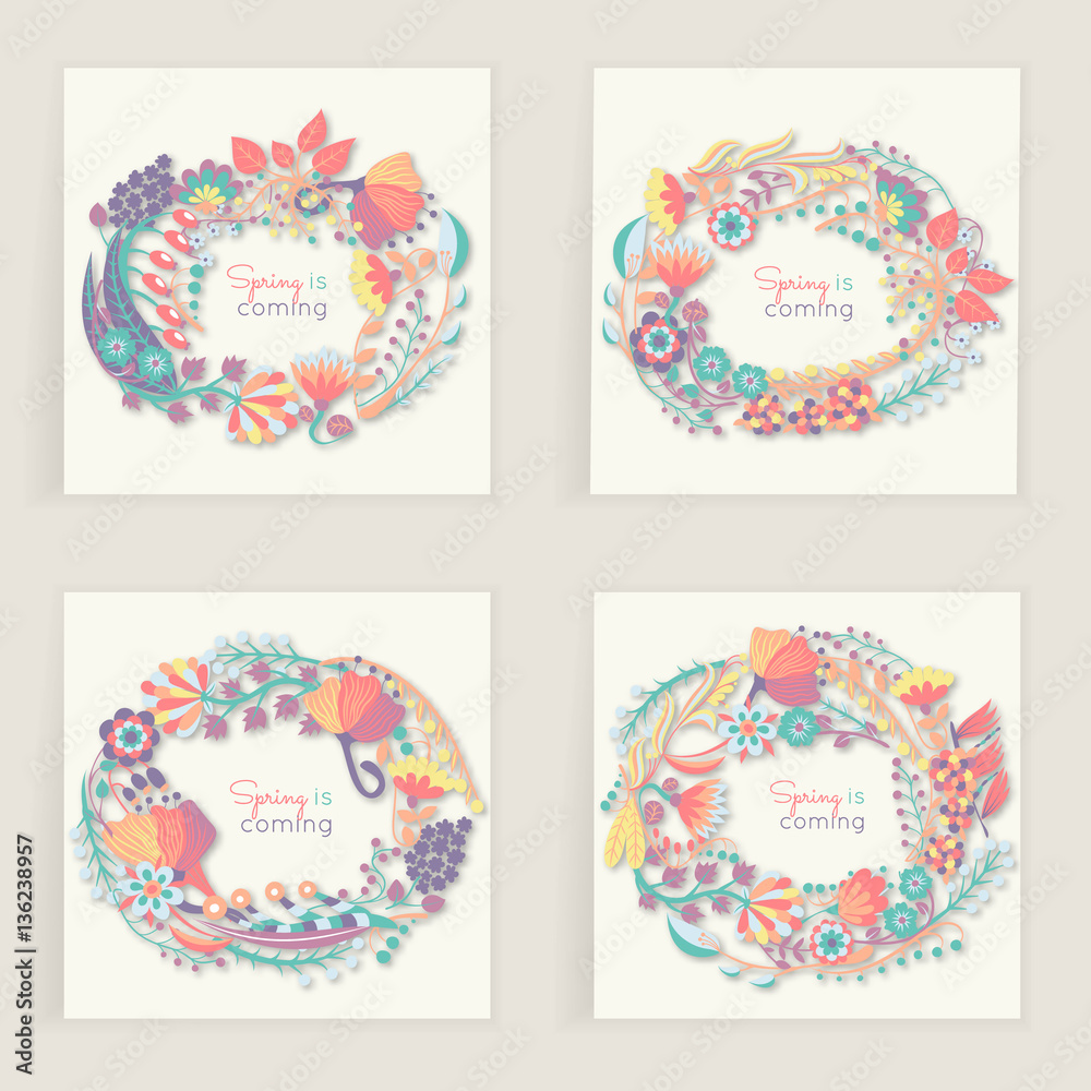 Four square cards. Hand drawn creative flower. Colorful artistic background with blossom. Abstract herb. It can be used for invitation, thank you message, postcard. Vector illustration, eps10