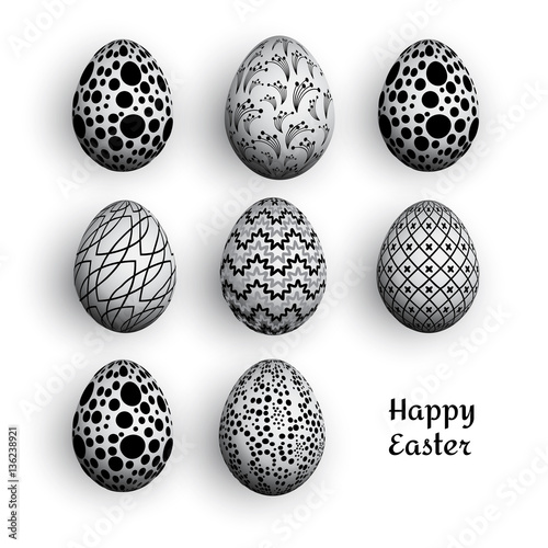 Vector illustration of a set of  Easter eggs in black and white colors. Egg shells are covered with various patterns in a realistic style on white background.