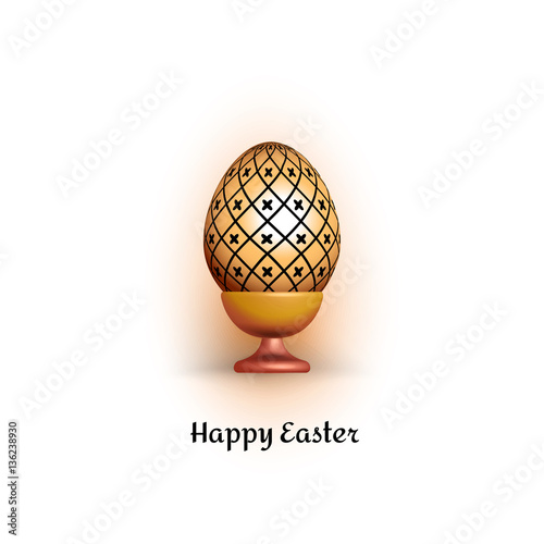 Vector illustration of a shiny golden Easter egg in a stand. Naturally colored egg shell is covered with decorative ornament. Souvenir Easter egg on white background.