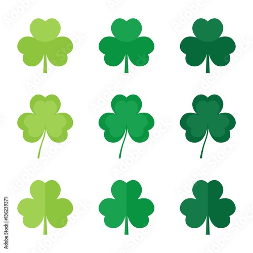 Set, collection of flat design green clover leaves, shamrock. Symbol of St.Patrick's Day.