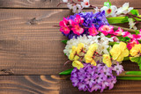 Fresh hyacinth flowers on wooden background. Beautiful idea for greeting cards for Valentine's day, March 8 and mother's day. Free space