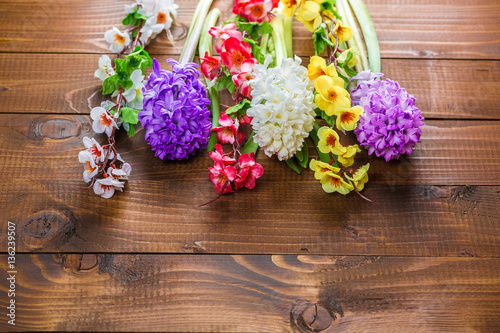 Fresh hyacinth flowers on wooden background. Beautiful idea for greeting cards for Valentine s day  March 8 and mother s day. Free space