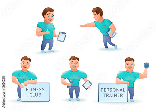 Personal fitness trainer set. Cartoon characters. Vector illustration