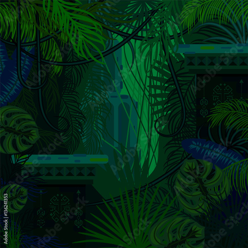 Dense foliage jungle nature background. Dark green and blue palm leaves, tree branches and mayan ruins vector.