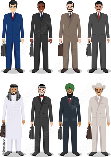 Business team and teamwork concept. Set of different detailed illustration of businessmen in flat style on white background. Different nationalities and dress styles. Vector illustration.