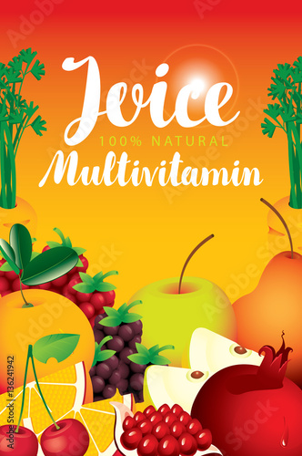 vector label packaging with different fruits and berries and fresh juices multivitamin inscription