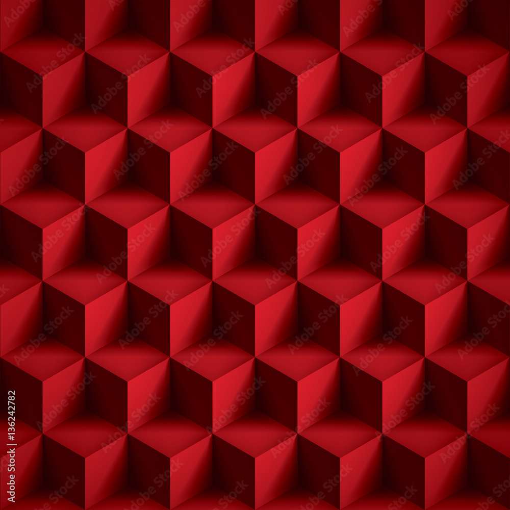 Volume realistic texture, cubes, red 3d geometric pattern, design vector background Volume realistic texture, cubes, red 3d geometric pattern, design vector background