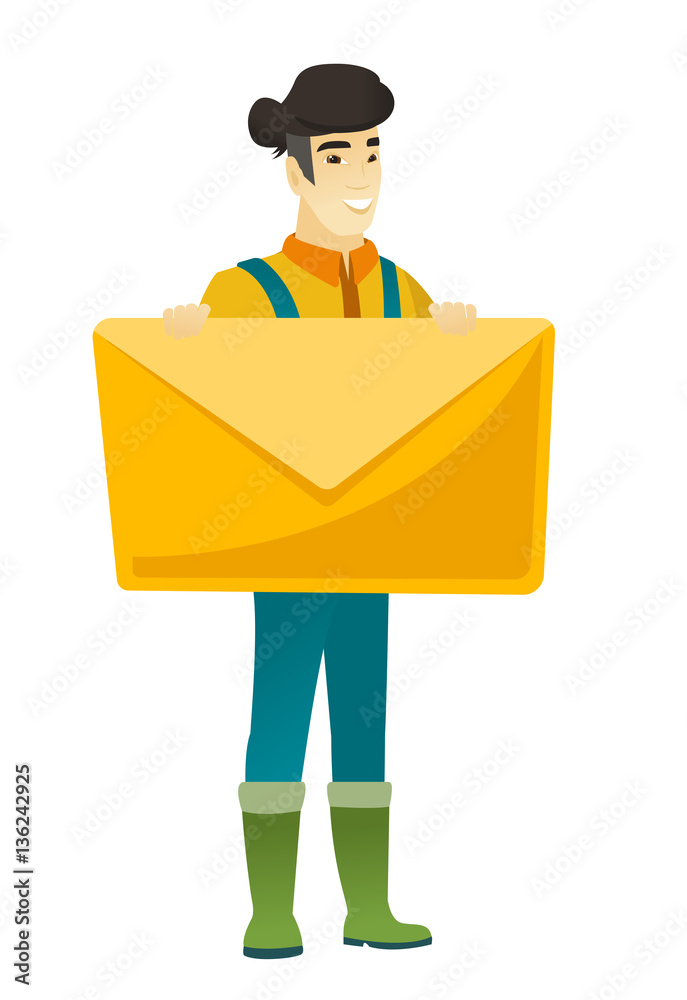 Smiling farmer holding a big envelope.
