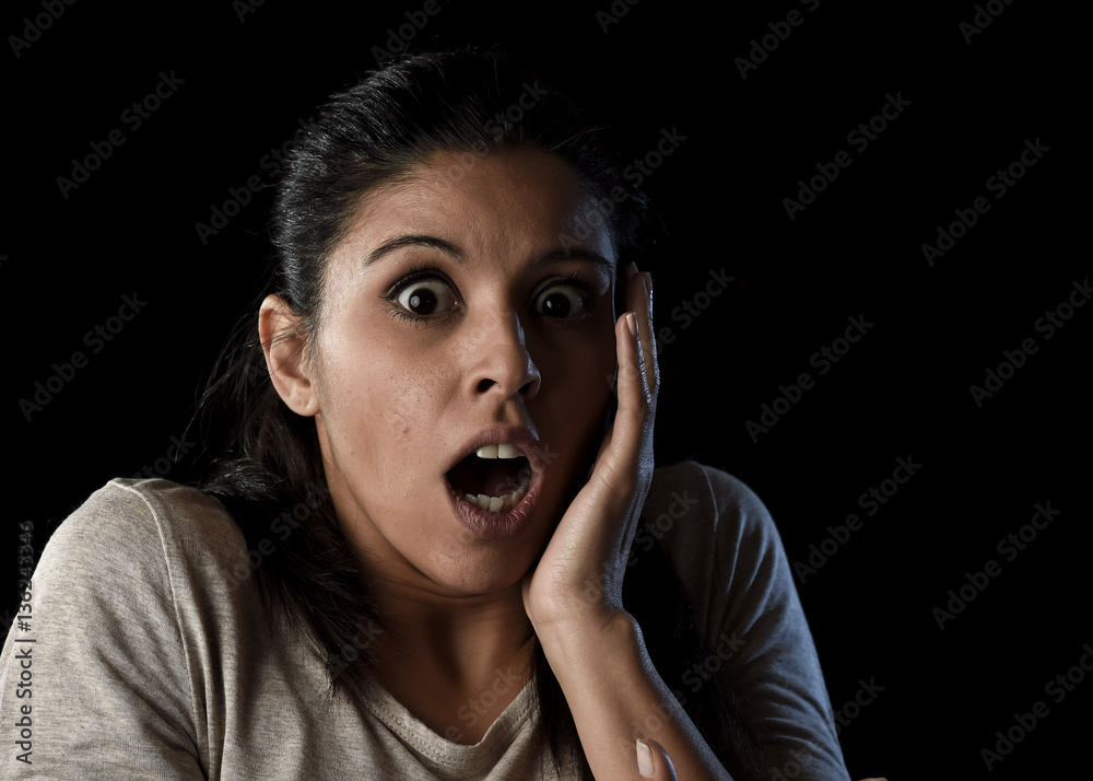Young Beautiful Scared Spanish Woman in Shock and Surprise Face