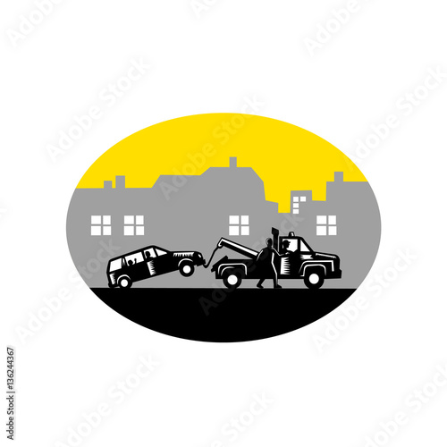Tow Truck Towing Car Buildings Oval Woodcut