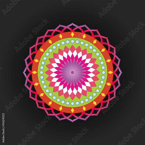Geometric ornament, colorful card with mandala. Mandala on black background