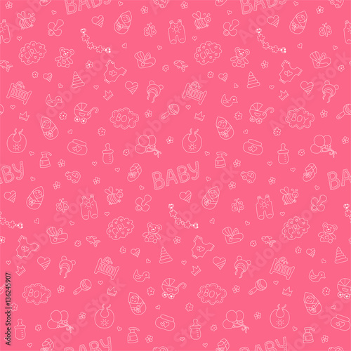 Colorful vector seamless pattern in Doodle and cartoon style on the baby theme