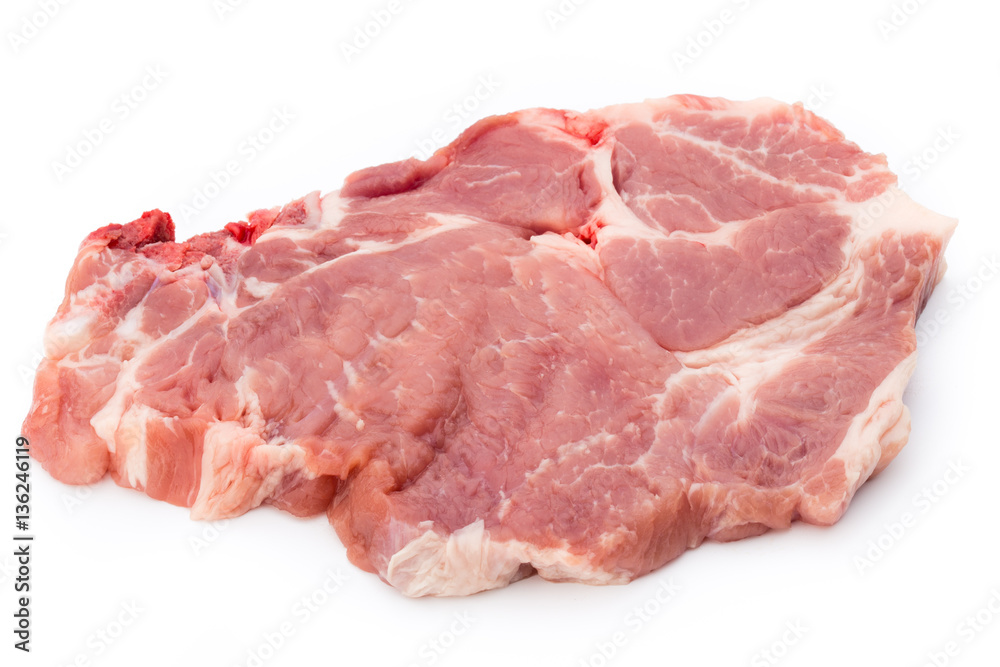 Fresh raw beef steak isolated on white background, top view.