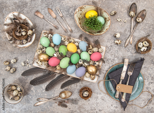 Easter eggs Table decoration Flat lay Top view