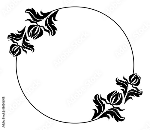 Black and white round frame with flowers silhouettes. 