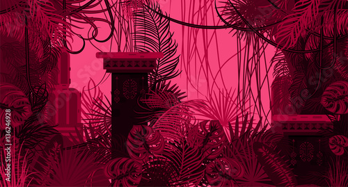Pink dense foliage exotic nature background. Dark green and blue palm leaves, tree branches and tribal columns vector.