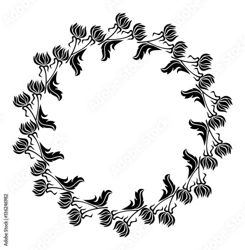 Black and white round frame with flowers silhouettes. 