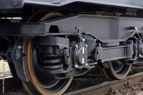 Bumper and coupler - hang rail car .Freight (cargo) train - black cars (wagons). New 6-axled flat wagon ,Type: Sahmmn, Model WW 604 A, Transvagon AD