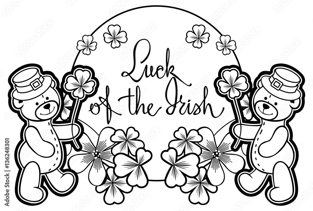 Outline round frame with shamrock contour and teddy bear. Vector clip art.