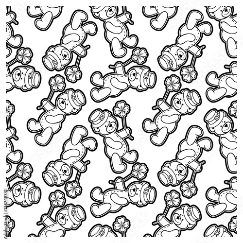 Black and white seamless pattern with contour of teddy bear wearing leprechaun h