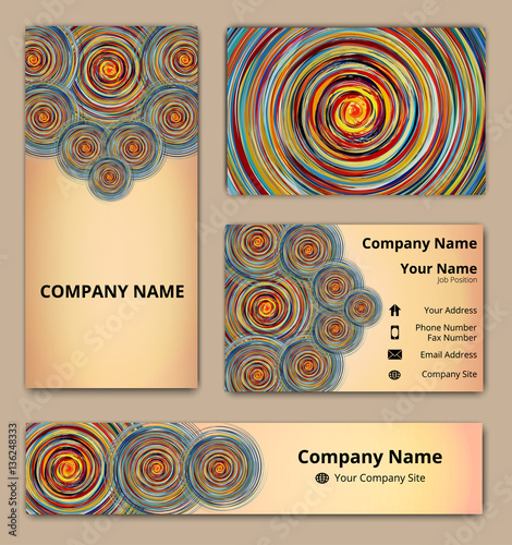 Templates of business card, banner and invitation with colorful swirling decoration