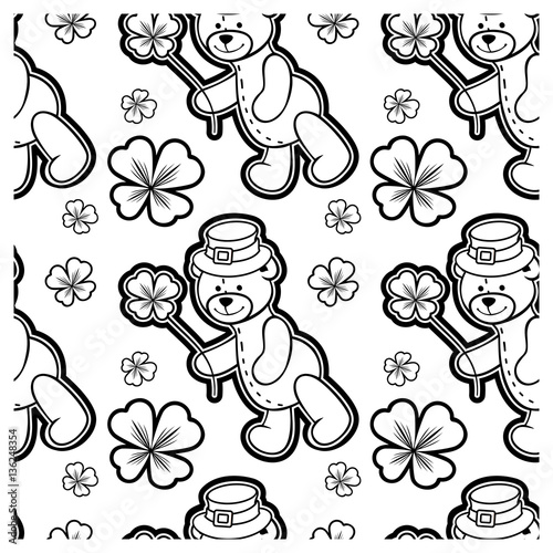 Black and white seamless pattern with contour of teddy bear wearing leprechaun h